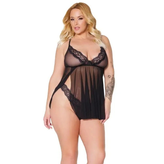 Sheer Nylon/Lace 2pc  Babydoll Lingerie Set