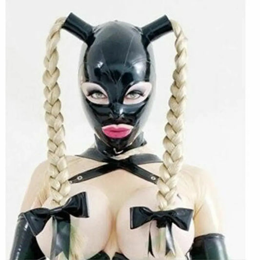 Black Latex Mask with Ponytail