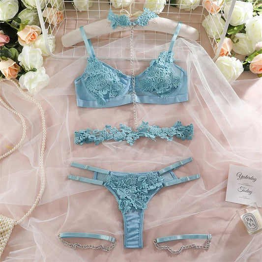 Lace 6pc Lingerie Set (Bra/thong/Garter)