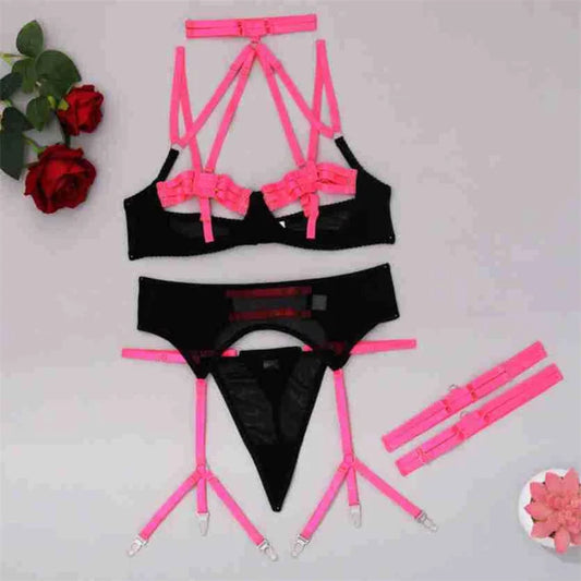 High Quality New Mesh Sexy Lingerie Comfortable Gathering Contrasting Color Bra Underwear Garter Belt Cover